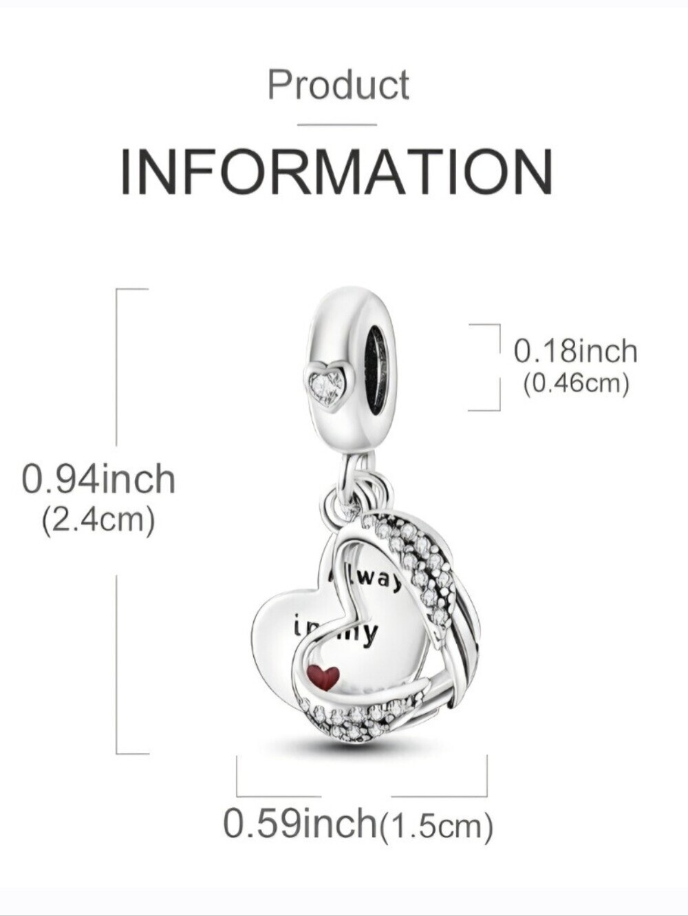 925 Sterling Silver "Always in my Heart" Angel Wing Dangle Charm - Picture 2 of 2